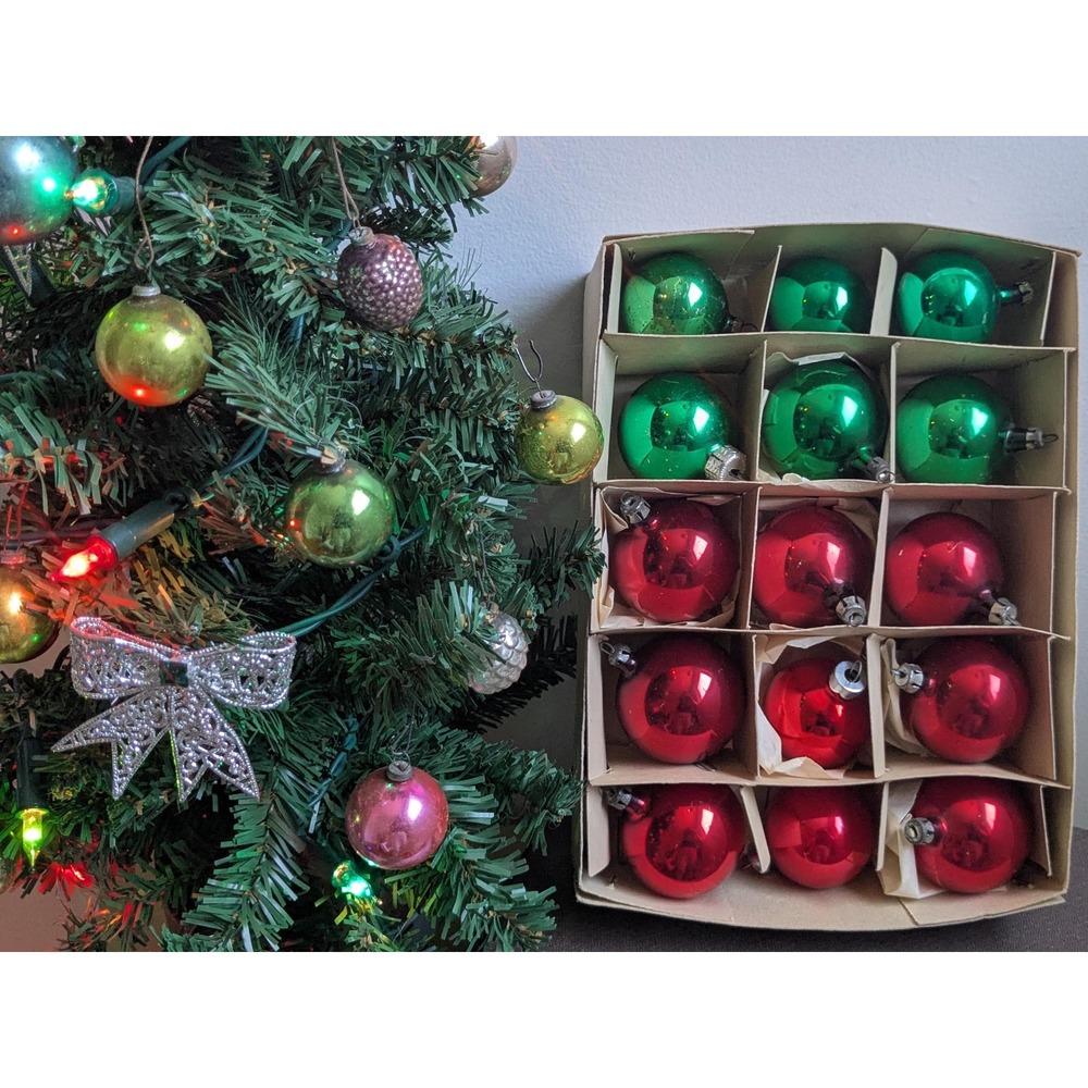 Curated Vintage Glass Christmas Ornament Set 15 Red Green Shiny Baubles Boxed